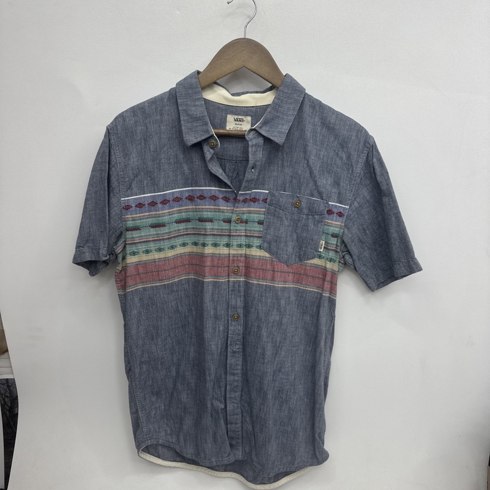 Vans Shirt Mens Large Blue Aztec Tribal Stripe Short Sleeve Button Up Pocket